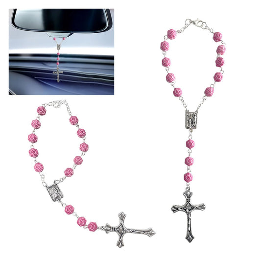 2 piezas de rosario para espejo retrovisor de coche, colgante de rosario rosa para espejo retrovisor interior de coche, decoración para coche, medalla y cruz personalizadas, accesorios colgantes para mujeres y hombres (rosa)