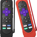 Paquete de 2 fundas para control remoto Roku Smart TV Steam Stick, funda de silicona universal para la mayoría de los modelos de control remoto Roku con cordón (negro + rojo)