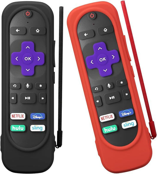 Paquete de 2 fundas para control remoto Roku Smart TV Steam Stick, funda de silicona universal para la mayoría de los modelos de control remoto Roku con cordón (negro + rojo)