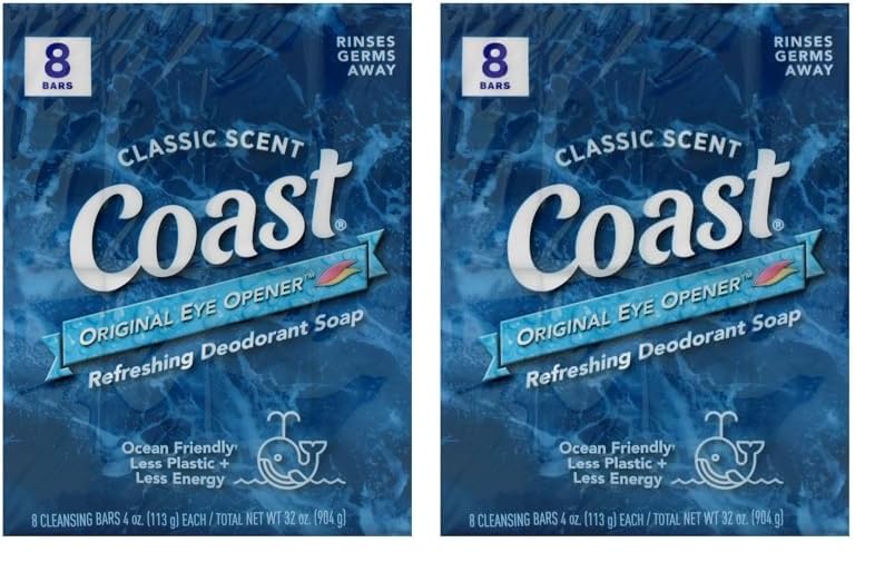 Coast Refreshing Deodorant Soap Bar - 8 Bars - Thick Rich Lather Leaves Your Body Feeling Energized And Clean - Classic Pacific Force Scent (Pack of 2)