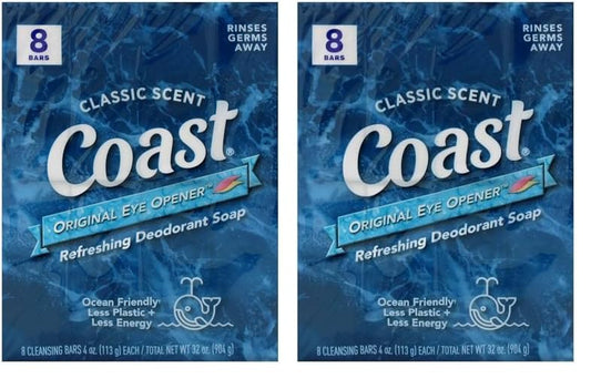 Coast Refreshing Deodorant Soap Bar - 8 Bars - Thick Rich Lather Leaves Your Body Feeling Energized And Clean - Classic Pacific Force Scent (Pack of 2)