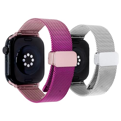 Milanese Mesh Loop Apple Watch Band, Unique Purple & Rose Pink and Silver Color Compatible with iWatch Ultra2/Ultra Series 9/8/7/SE/6/5/4/3/2/1, 38mm, 40mm, 41mm, 42mm, 44mm, 45mm, 49mm for Women & Men(42mm/44mm/45mm/49mm, purple and rose pink)