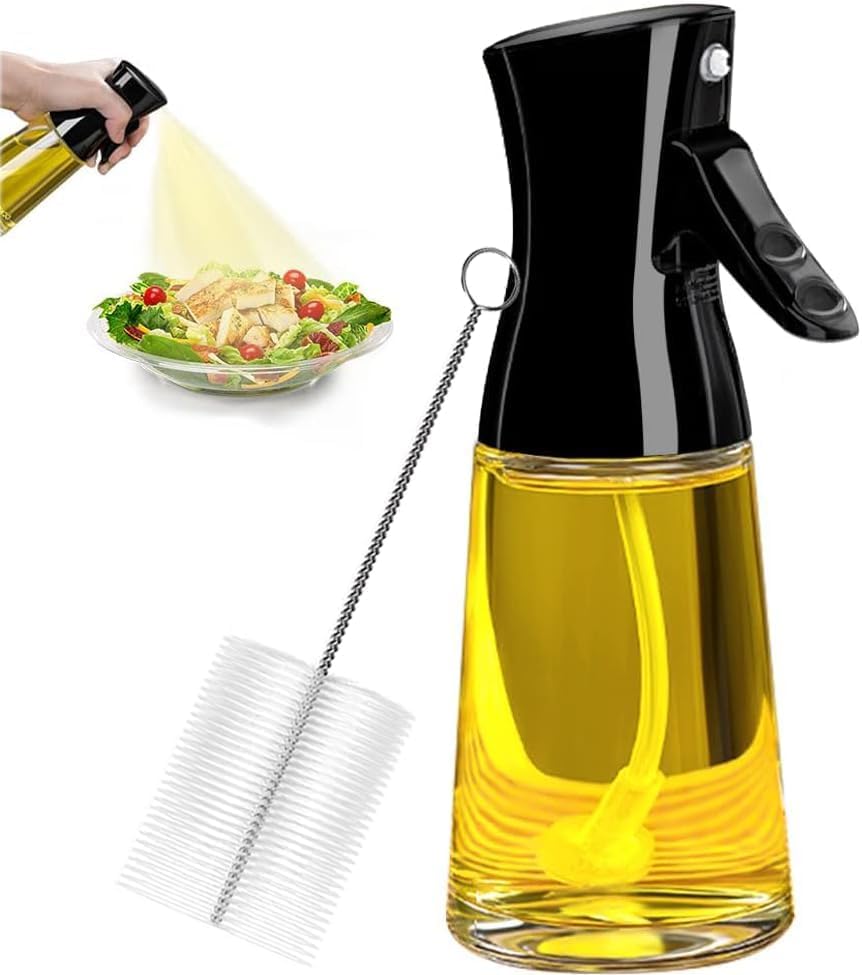 Milukon Oil Sprayer for Cooking, 180ml Glass Olive Oil Sprayer Bottle with Brush, Thick Glass, Large Range, Strong Spray Force, Kitchen Gadgets Accessories for Air Fryer Christmas Gift (Black)