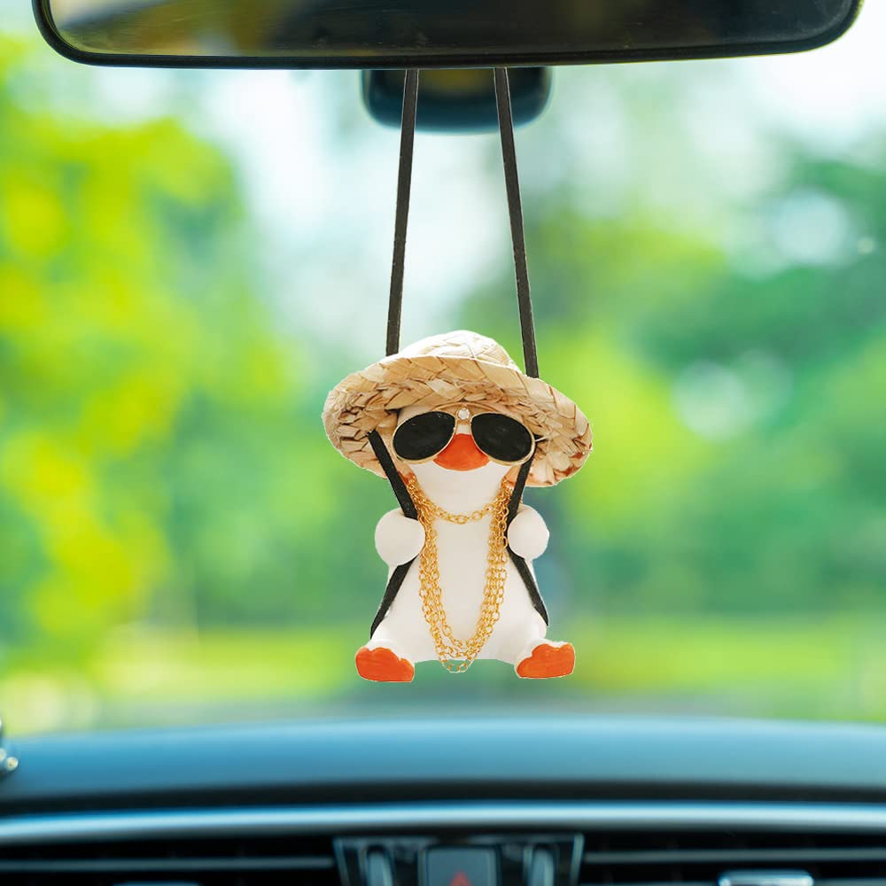 Qiwen Rear View Mirror Hanging Accessories of Cool Swinging Duck Car Hanging Ornament Cute Car Accessories for Teens Men Women Car Mirror Hanging Accessories Funny Truck Car Pendant Car Charms(Cool A)