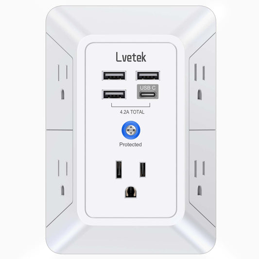 Lvetek 5 Outlet Extender Multi Plug Wall Outlets with 4 USB Charging Ports (1 USB C Outlet), 3 Sided 1680J Surge Protector Power Strip USB Wall Charger for Home, Office, Travel, ETL Listed, White