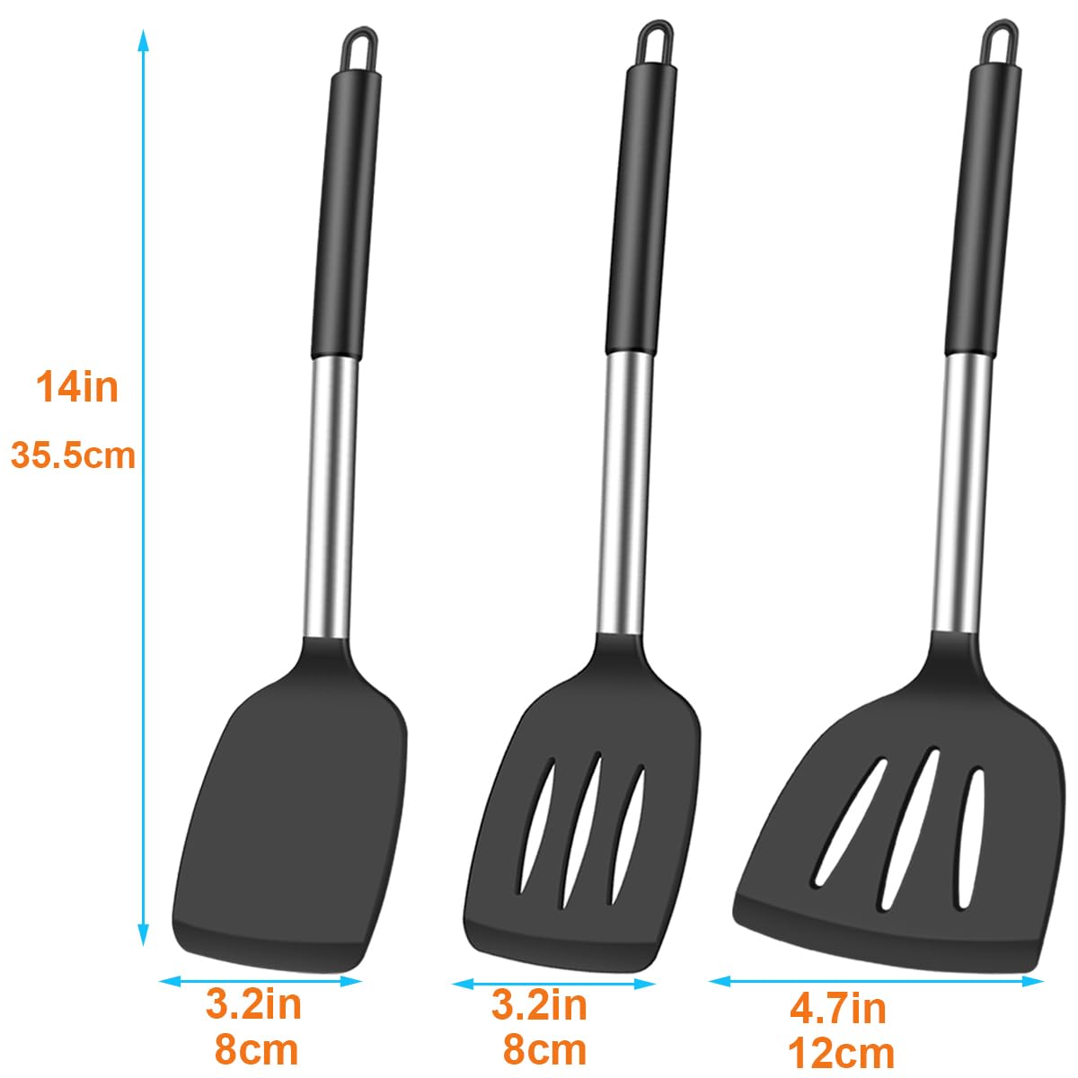 KLAQQED 3Pcs Spatula Silicone Spatula Turner Set Fish Spatulas Silicone Heat Resistant Spatulas for Nonstick Cookware Rubber Wok Spatula, Long Large Spatula Silicone Cooking Use Kitchen Utensils Set