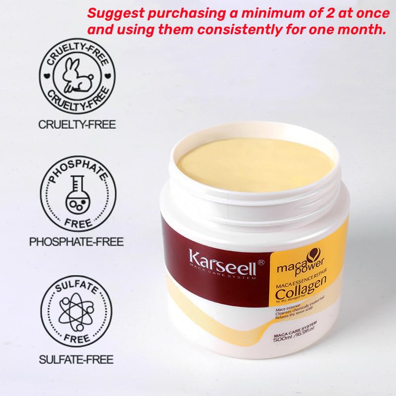 Karseell Collagen Hair Treatment Deep Repair Conditioning Argan Oil Collagen Hair Mask Essence for Dry Damaged Hair All Hair Types 16.90 oz 500ml