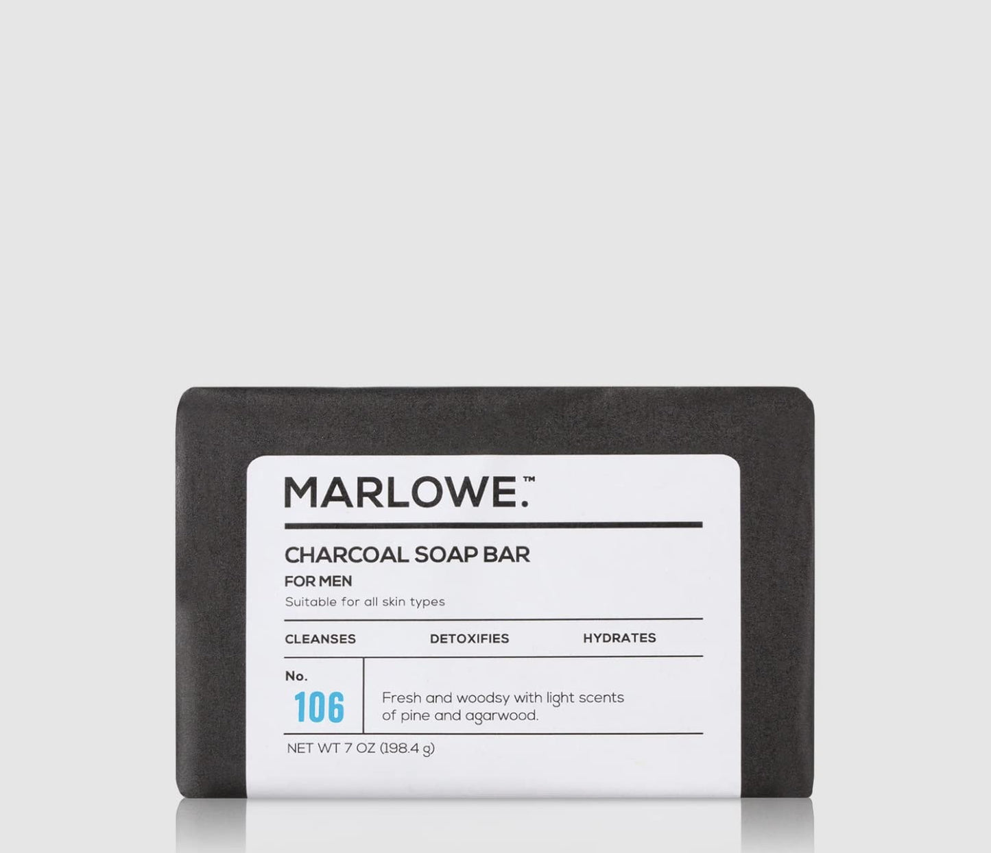 MARLOWE. No. 106 Charcoal Soap 7 oz, Body Bar Soap for Men, Cleansing, Purifying & Hydrating with Natural Extracts, Shea Butter, Olive Oil & Green Tea Extracts, Fresh Woodsy Scent