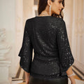 Haut de soirée à paillettes pour femme, chemises de soirée à manches 3/4 scintillantes, tuniques habillées à paillettes, chemisiers disco bling-bling, noir 2XL