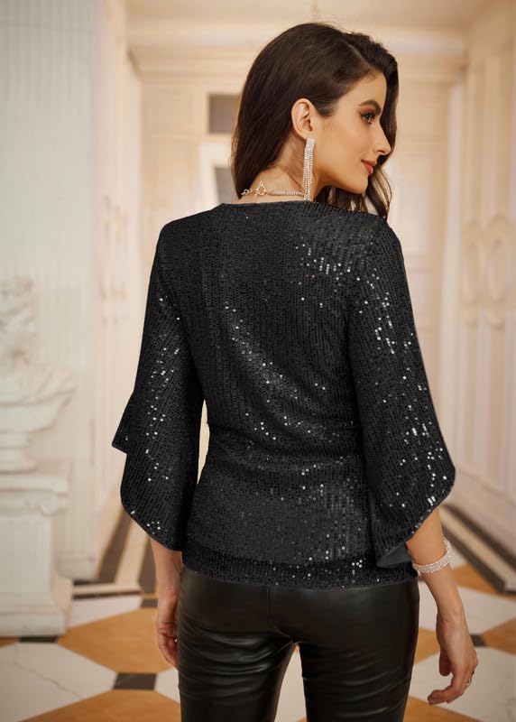 Haut de soirée à paillettes pour femme, chemises de soirée à manches 3/4 scintillantes, tuniques habillées à paillettes, chemisiers disco bling-bling, noir 2XL