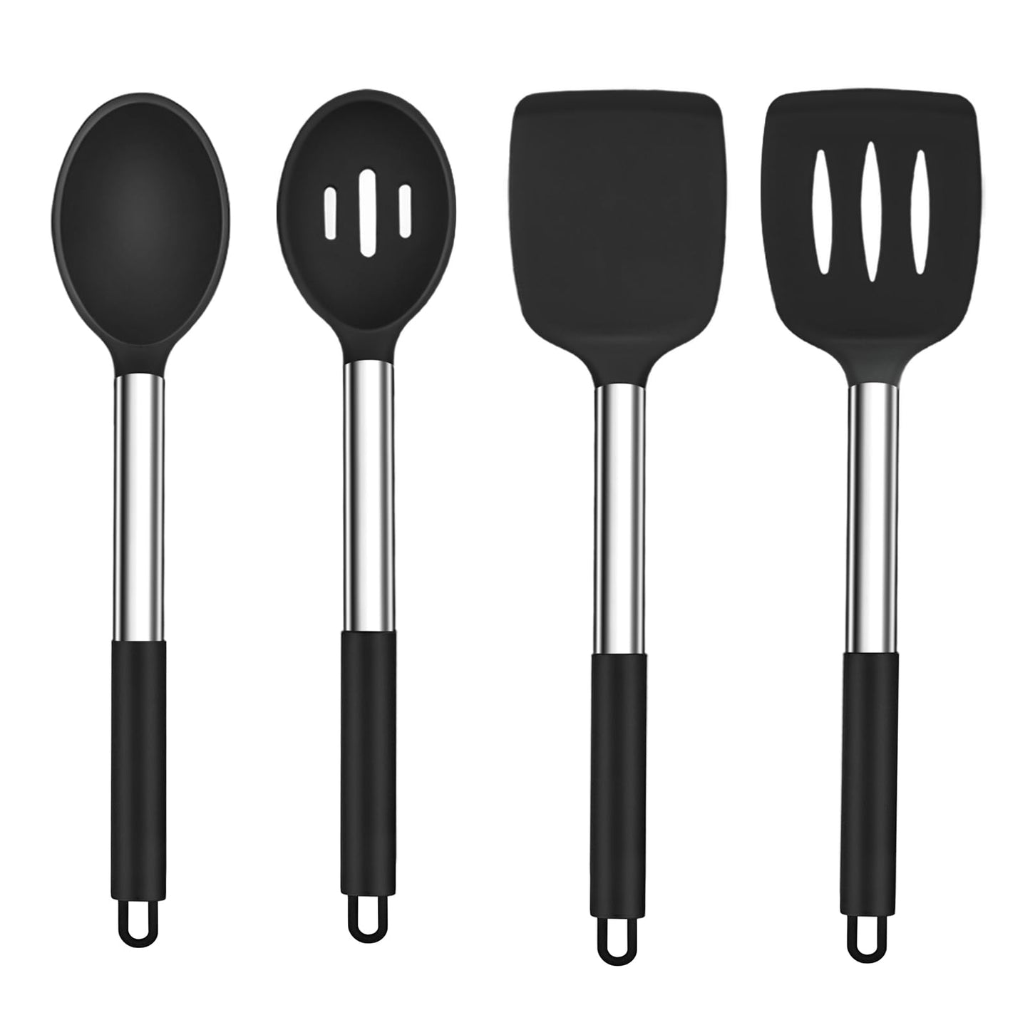 TeamFar Kitchen Utensils, 4 PCS Silicone Cooking Utensils Spatula Spoon Set with Stainless Steel Handle, for Frying Mixing Draining Turning, Healthy & Heat-proof, Non-stick & Dishwasher Safe - Black