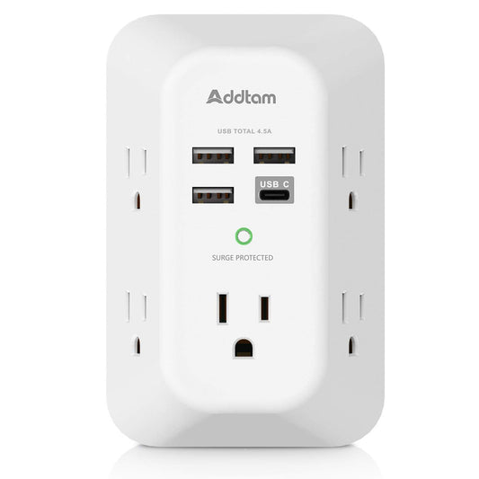 Addtam USB Wall Charger Surge Protector 5 Outlet Extender with 4 USB Charging Ports (1 USB C Outlet) 3 Sided 1800J Power Strip Multi Plug Outlets Wall Adapter Spaced for Home Travel Office ETL Listed