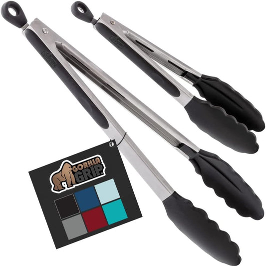 Gorilla Grip Stainless Steel Heat Resistant Kitchen Tongs for Cooking, 9 + 12 Inch, Set of 2 BBQ Tong, Non Scratch Silicone Tip for Pan, Strong Grip, Grab Food, Toss Salad, Air Fryer, Pull Lock, Black