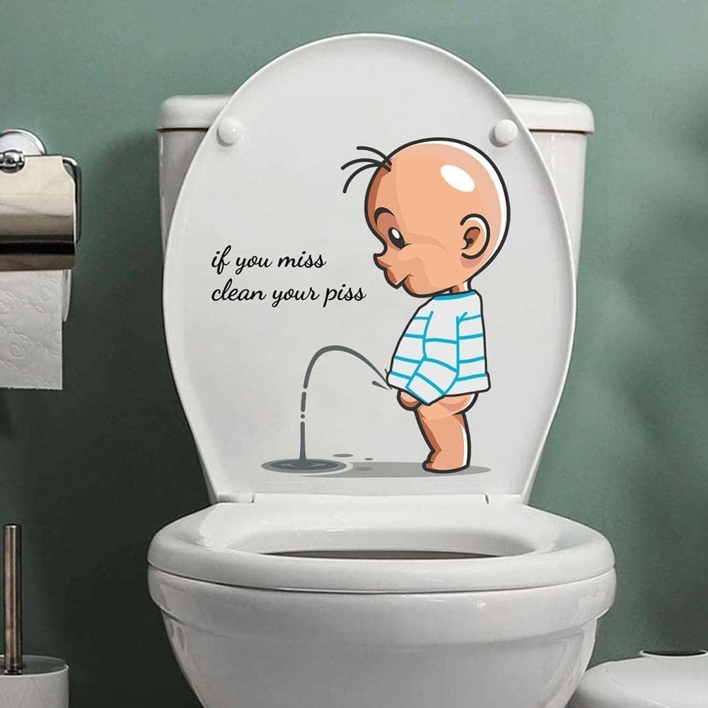 If You Miss,Clean Your Piss Toilet Sticker-Baby Pee Pattern Self-Adhesive Toilet Lid Sticker- Funny Toilet Seat Sticker Bathroom Wall Decal -Art Sign Decor Toilet Lid and Tank Decals 11.4x11.2in