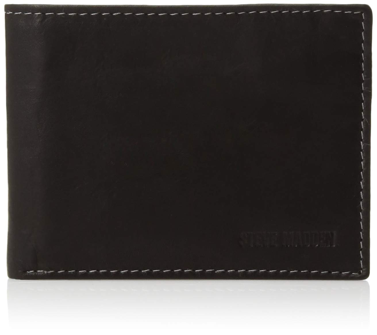 Steve Madden Men's Leather Wallet Extra Capacity Attached Flip Pockets, Black/Antique, One Size