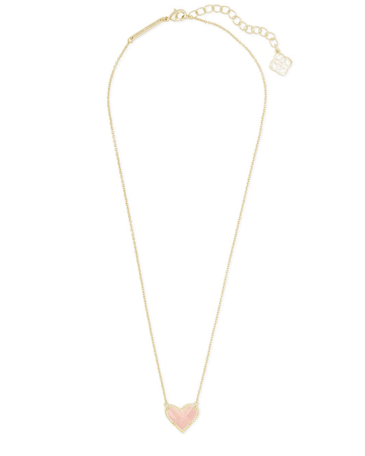 Kendra Scott Ari Heart Short Pendant Necklace in 14k Gold-Plated Brass, Rose Quartz, Fashion Jewelry for Women