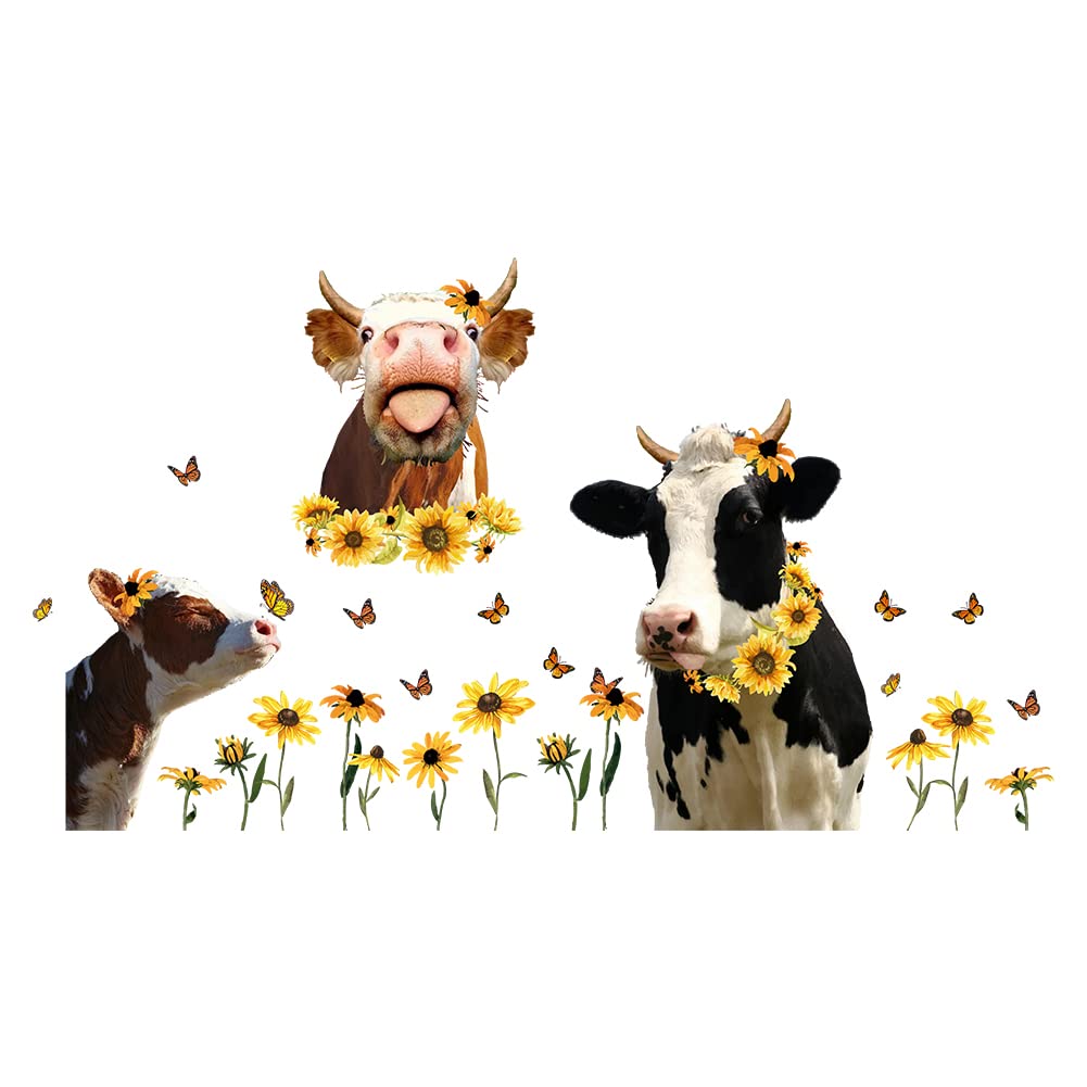 SUPERDANT Funny Farm Cow Wall Stickers Cute Cow Sunflower Vinyl Decals Funny Animal Wall Decals Butterfly Decor for Farmhouse Classroom Office Bedroom Kids' Room Window Decoration