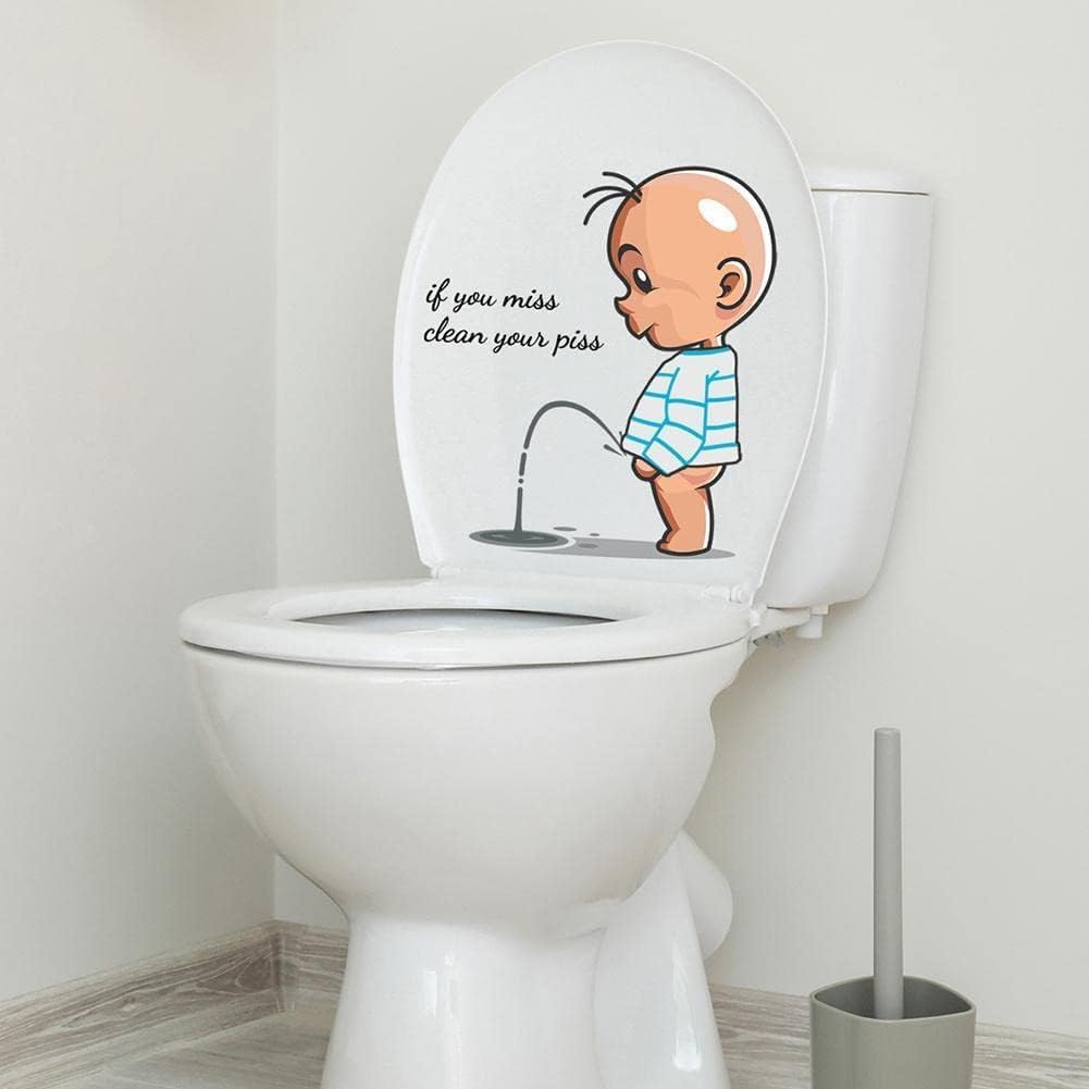 If You Miss,Clean Your Piss Toilet Sticker-Baby Pee Pattern Self-Adhesive Toilet Lid Sticker- Funny Toilet Seat Sticker Bathroom Wall Decal -Art Sign Decor Toilet Lid and Tank Decals 11.4x11.2in