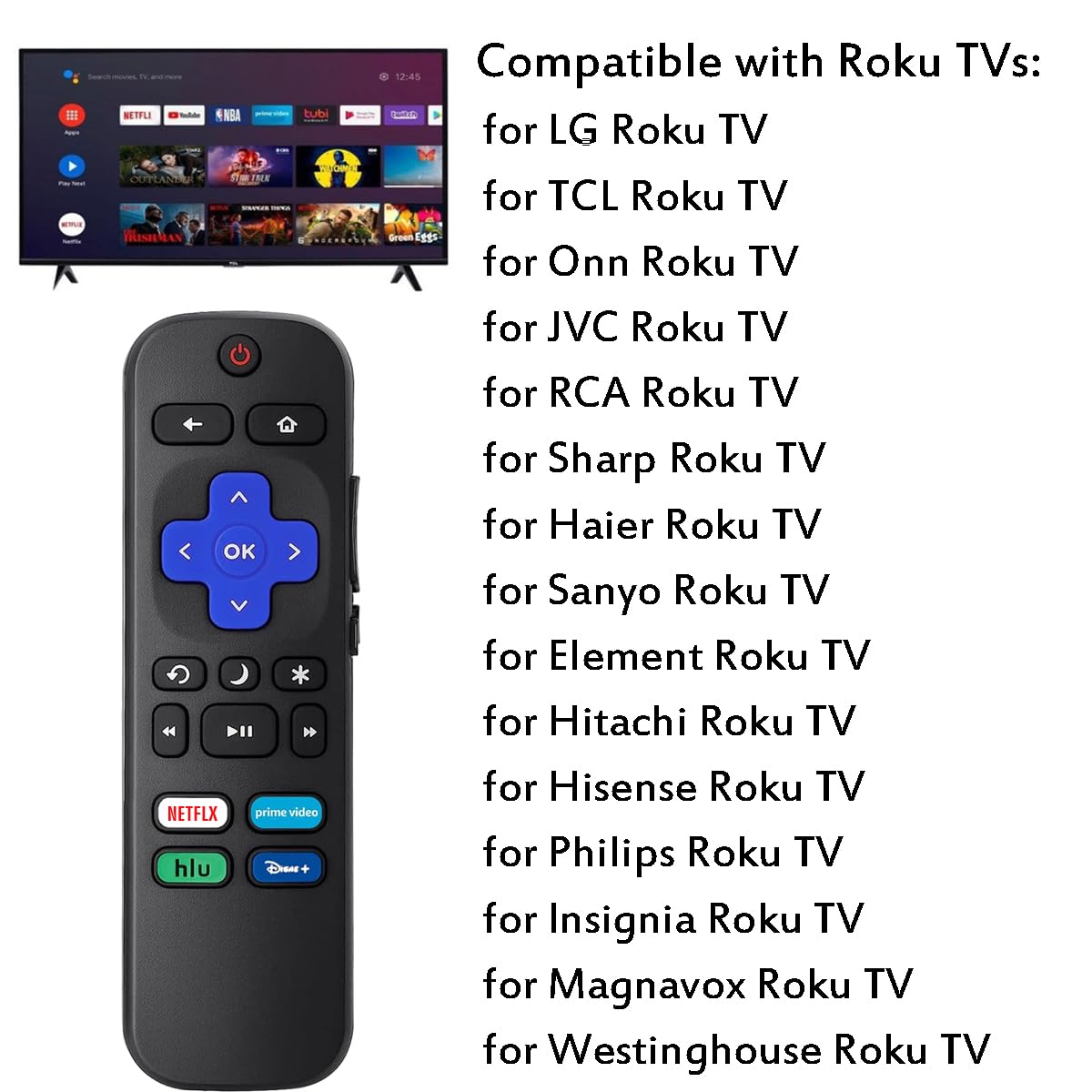 2Pcs Replacement Remote Control Compatible for Roku TV, Universal Remote Fit for Hisense/Onn/TCL/Sharp/Element/Philips/Hitachi/JVC/RCA/Insignia/Sanyo/LG RokuSeries Smart TVs (Not for RokuStick & Box)