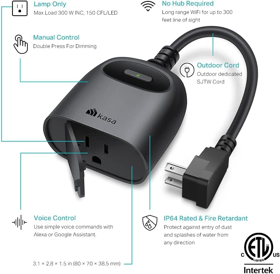 Prise variateur intelligente d'extérieur Kasa, variateur enfichable IP64 pour guirlandes lumineuses extérieures, compatible avec Alexa, Google Assistant et SmartThings, longue portée Wi-Fi 2,4 GHz, aucun hub requis, certifié ETL (KP405)