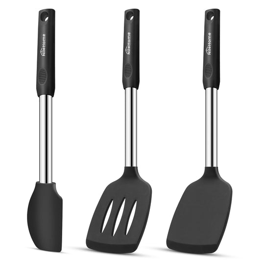 NileHome Pack of 3 Spatulas Silicone Heat Resistant, Silicone Cooking Utensils Set, Silicone Spatula BPA Free Cooking Utensils, Ideal Cookware for Fish, Eggs, Pancakes (Black)