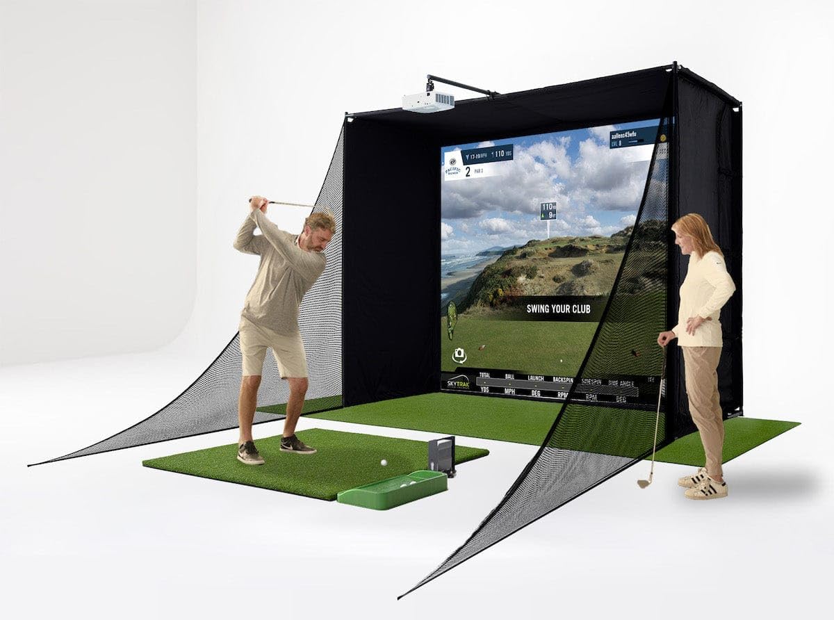 SkyTrak Golf Simulator Studio Pro Package Launch Monitor, Metal Protective Case, Enclosure, Simulator Software, Hitting Mat, Projector, Ball Tray - (Studio 10-10' W x 8'6" H x 5'4" D)