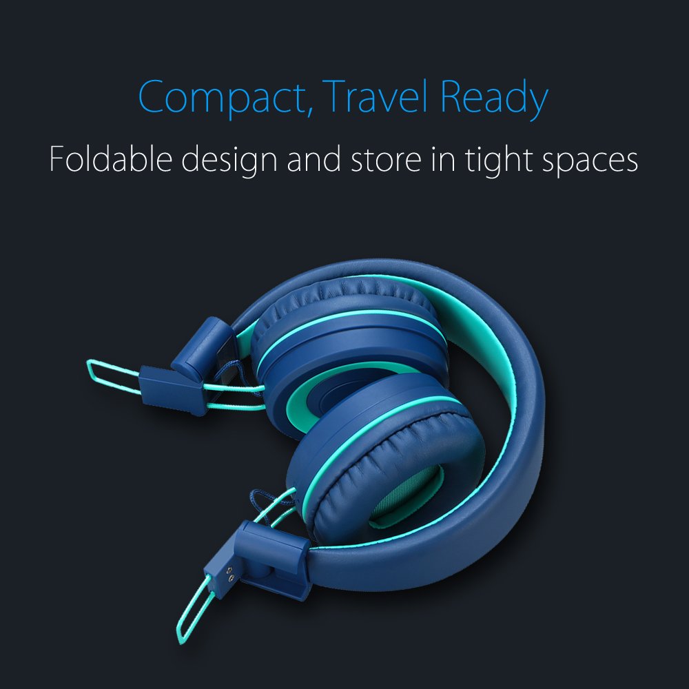 Kids Headphones - noot products K11 Foldable Stereo Tangle-Free 3.5mm Jack Wired Cord On-Ear Headset for Children/Teens/Boys/Girls/Smartphones/School/Kindle/Airplane Travel/Plane/Tablet (Navy/Teal)