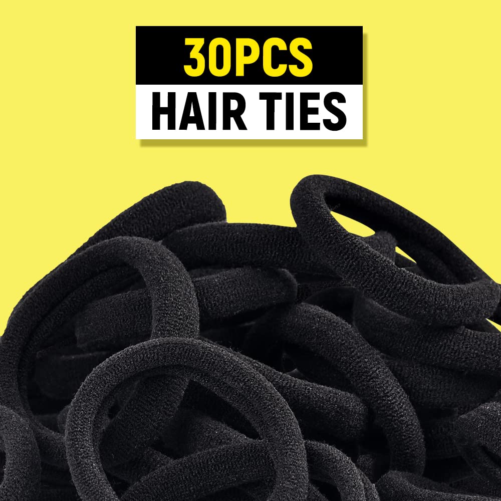 Black Hair Ties Elastic for Women Girls, TsMADDTs Hair Bands Set with 30Pcs Black Cotton Seamless Hair Ties for Thick Hair, 500pcs Mini Hair Rubber Bands, 2pcs Hair Loop Tools and 1pcs Comb