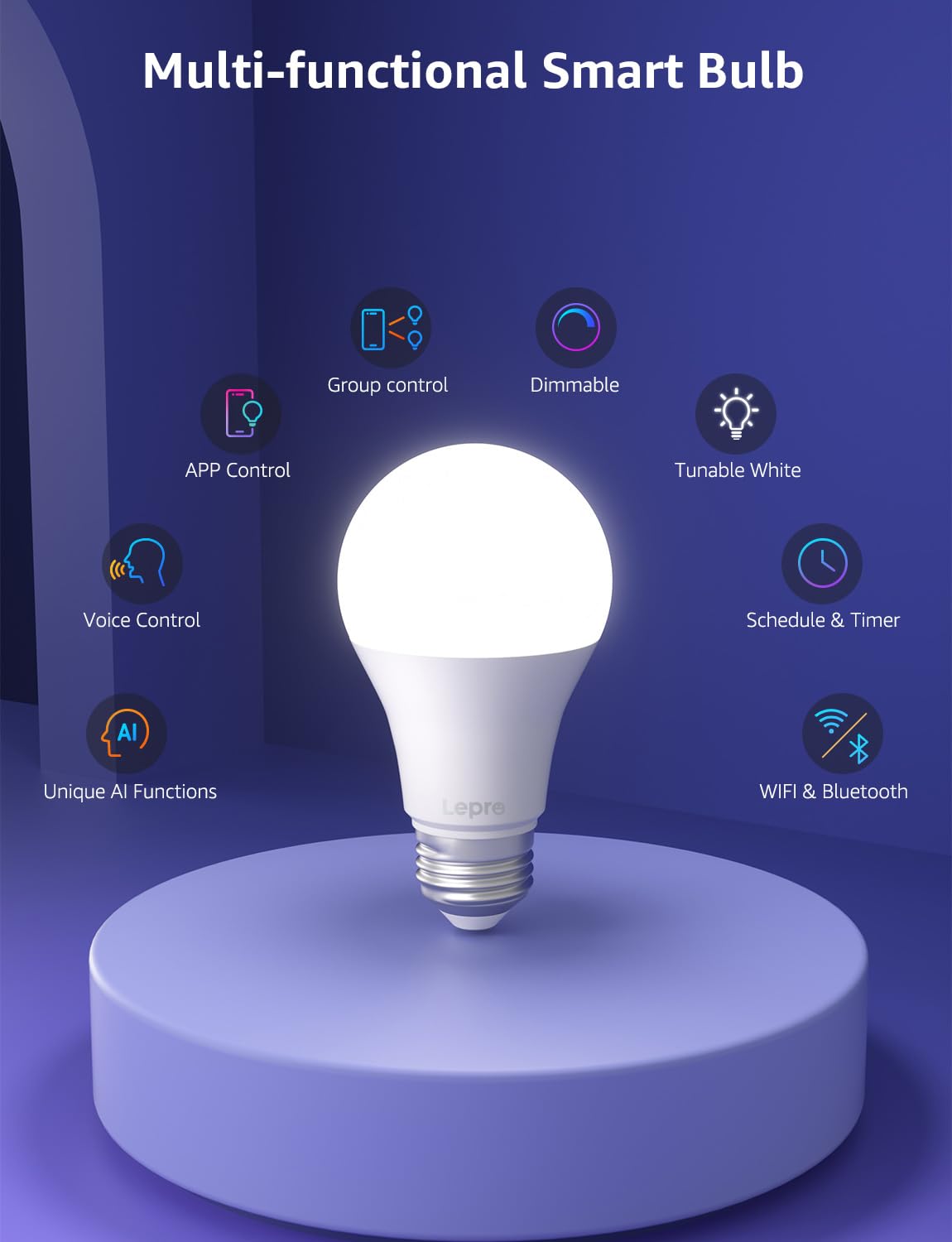 Bombillas inteligentes Lepro B1 AI: bombilla LED que cambia de color RGBWW con WiFi y Bluetooth compatible con Alexa y Google Assistant, iluminación generada por IA, control de voz por IA, sincronización de música, solo 2,4 GHz, 2 paquetes