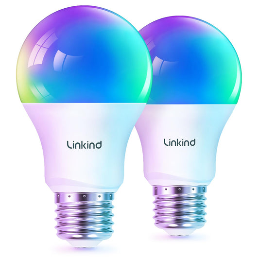 Linkind Matter Smart Light Bulb, Smart Bulbs Work with Apple Home/Siri/Alexa/Google Home/SmartThings, LED Color Changing Light Music Sync RGTBW, Smart Home, 60W 800LM A19 E26 2.4Ghz WiFi Only, 2 Pack