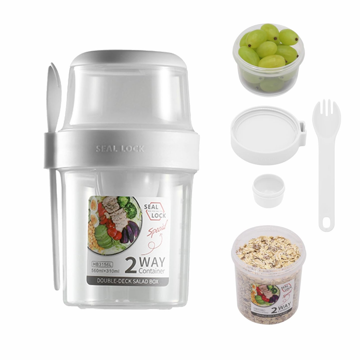 Daasigwaa Breakfast On The Go Cups, Salad Cup To Go, Take And Go Yogurt Cereal Overnight Oats Snack Parfait Containers & Salad Dressing Holder With Fork For Lunch, Fruit & Vegetable Jar(White,29.5oz)