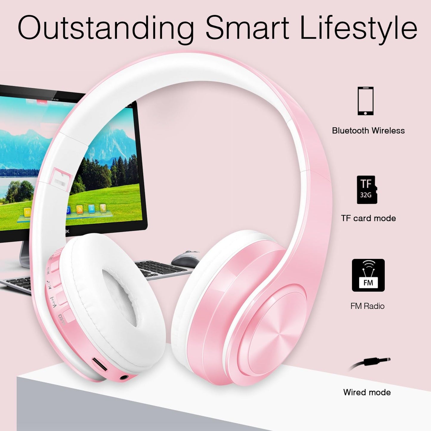 RAT TAIL V5.0 Bluetooth Headphones Over-Ear, Foldable Wireless and Wired Stereo Headset Micro SD/TF, FM for Cell Phone,PC,Soft Earmuffs &Light Weight for Prolonged Wearing (Pink)