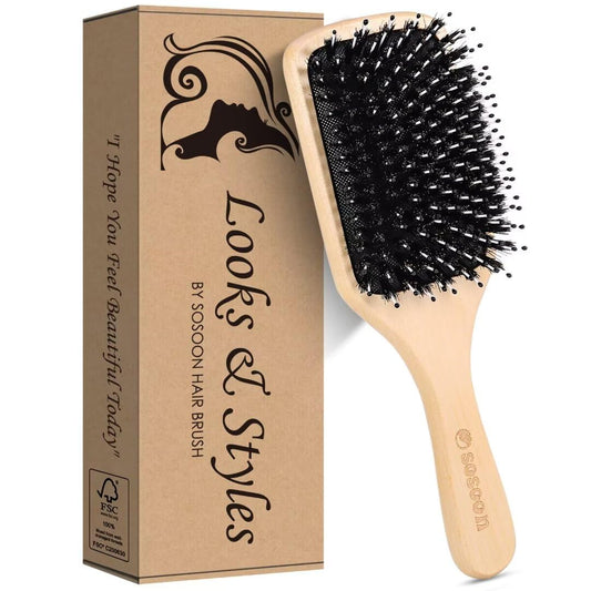 Hair Brush, Sosoon Boar Bristle Paddle Hairbrush for Long Short Thick Thin Curly Straight Wavy Dry Hair for Men Women Kids, No More Tangle, Giftbox & Tail Comb Included