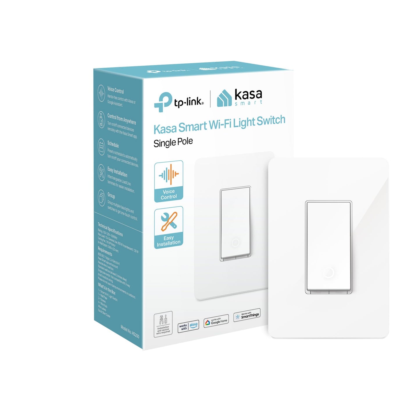 Interrupteur d'éclairage intelligent Kasa HS200, unipolaire, nécessite un fil neutre, interrupteur d'éclairage Wi-Fi 2,4 GHz fonctionne avec Alexa et Google Home, certifié UL, aucun hub requis, blanc, HS200