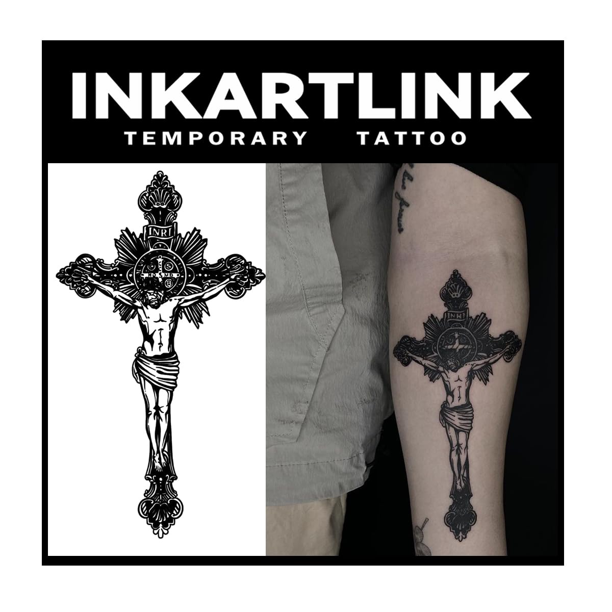 INKARTLINK Tattoo Tech,2 Sheets Extra-Large Semi Permanent Tattoo, Adult Art Design Temporary Tattoos, Lasts 1-2 Weeks, Waterproof, Realistic look, No Adhesive, No reflection (Christian Cross Design）