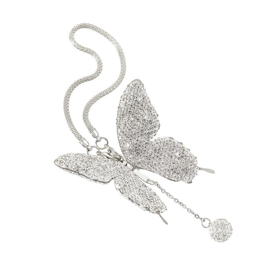 Adornos para el espejo retrovisor del coche con diseño de mariposa y diamantes brillantes para mujer, adornos colgantes de cristal para el interior del coche, regalos de San Valentín. (Plata)