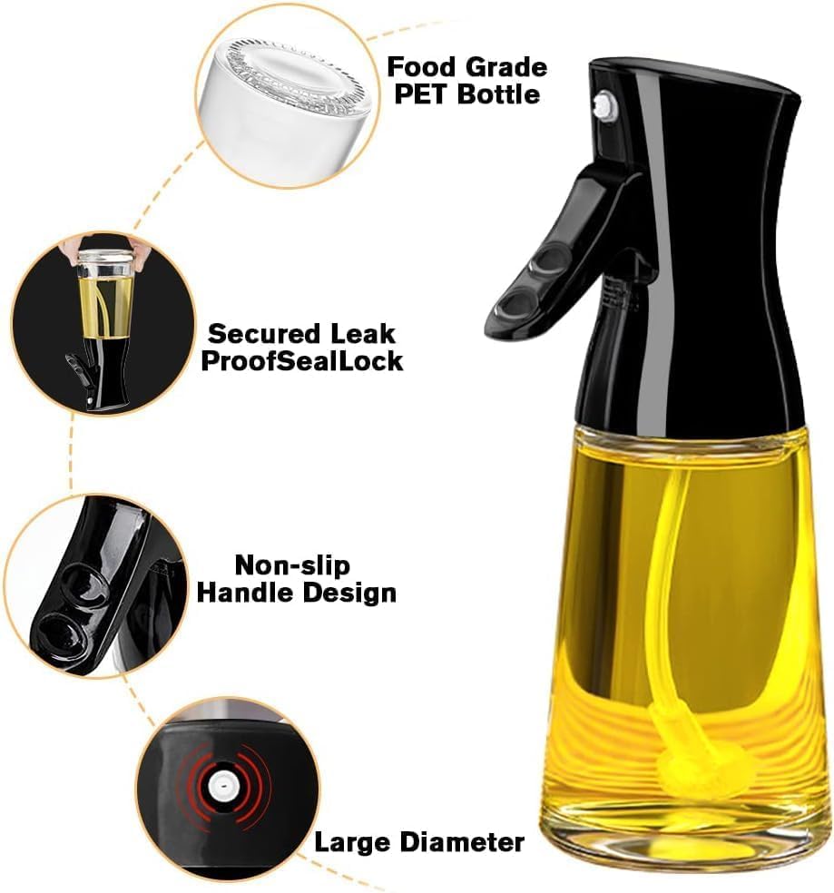 Milukon Oil Sprayer for Cooking, 180ml Glass Olive Oil Sprayer Bottle with Brush, Thick Glass, Large Range, Strong Spray Force, Kitchen Gadgets Accessories for Air Fryer Christmas Gift (Black)