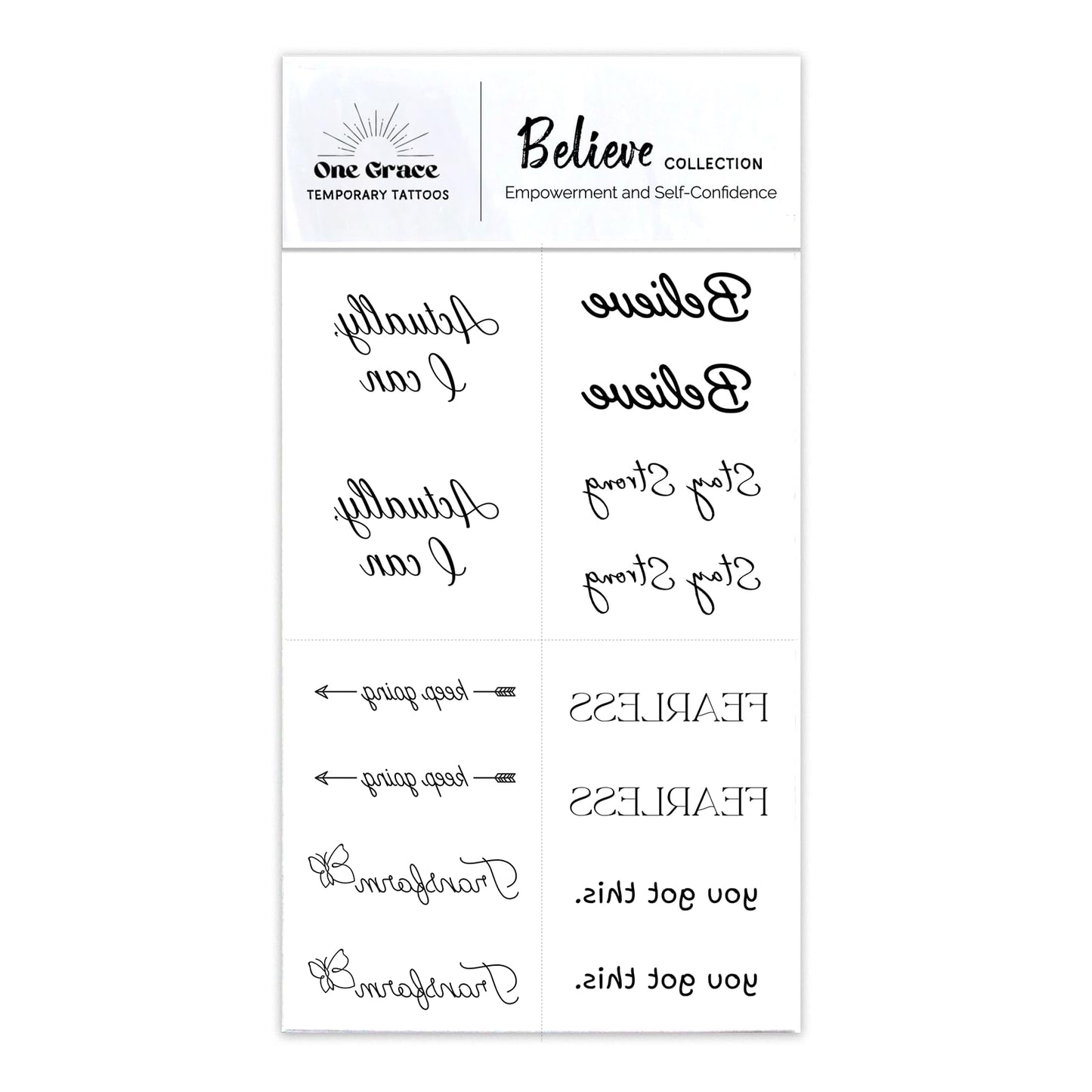 One Grace Believe Collection - Inspirational and Motivational Words Small Temporary Tattoos - Realistic Long Lasting Waterproof Black Mini Tattoos for Women and Men