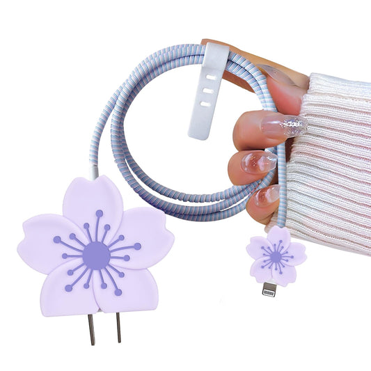 Cherry Blossom Cable Protector for iPhone Adapter Charger, Cute Pretty 3D Flower Design, Soft Silicone Data Cable Cord Saver Phone Charger Protector for iPhone X XR 11 12 13 14 15 16 Pro Max-Purple