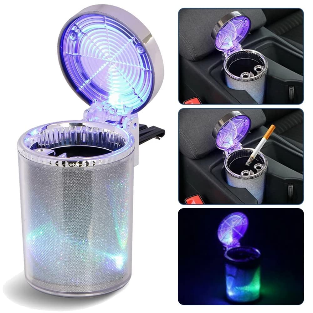 Cendrier de voiture Bosaidong, cendrier automatique avec lumière LED, mini poubelle de voiture, cendrier portable avec couvercle adapté à la plupart des véhicules, argent