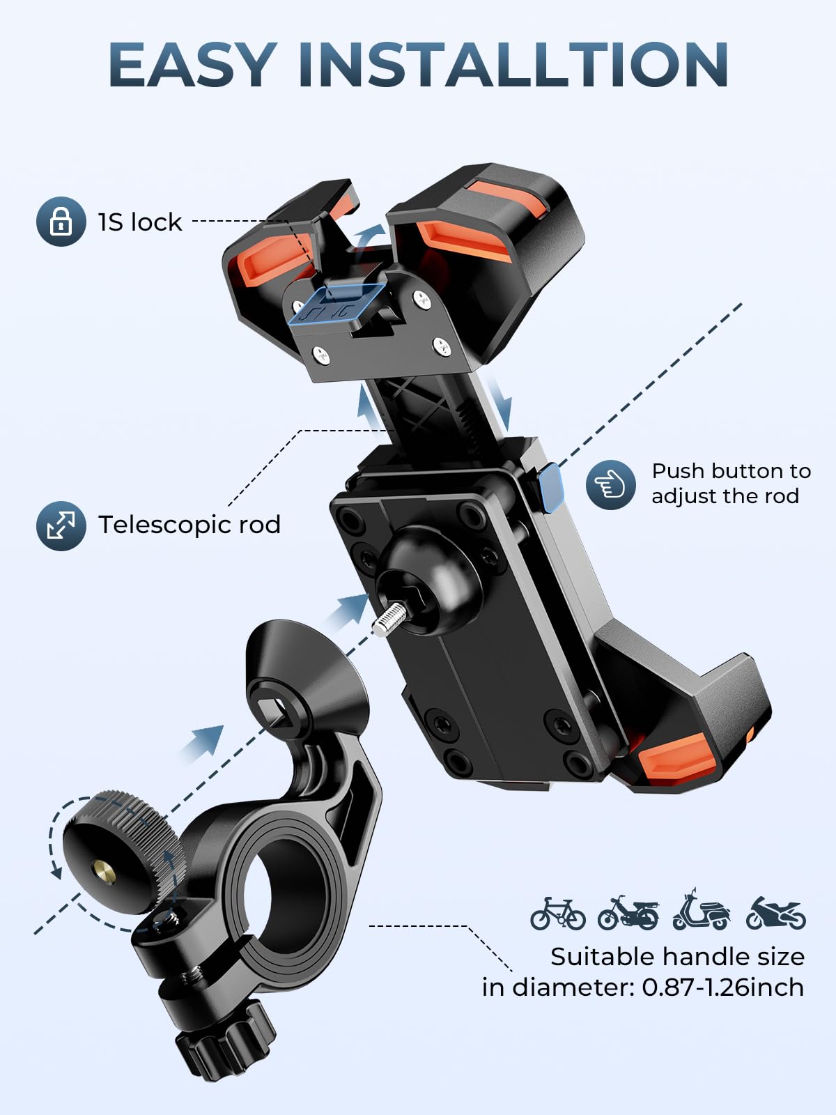 Tecfino Motorcycle Phone Mount, 360° Rotatable Bike Phone Holder, 1s Lock Bike Phone Mount Handlebar Clamp, Cell Phone Holder for Bicycle Scooter, Motorcycle Accessories for 4.7"-7" Smartphones Orange