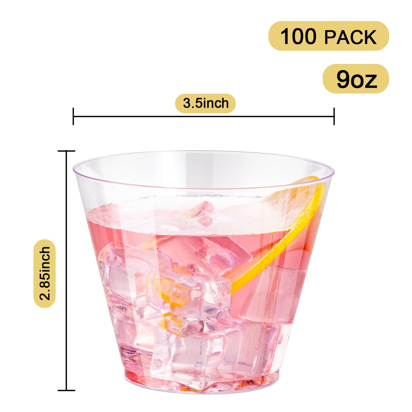 Paquete de 100 vasos de plástico transparente, vasos de plástico desechables de 9 oz para cócteles y bebidas, vasos desechables transparentes de primera calidad para bodas, día de la madre, día de Acción de Gracias y fiestas de Navidad