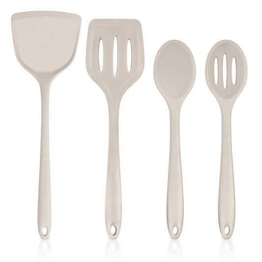 TeamFar Cooking Utensils Set of 4, Silicone Kitchen Utensils, Solid & Slotted Spoons Turners for Cooking/Serving/Frying, Healthy & Seamless Design, Heat-Resistant & Non-Scratch, Dishwasher Safe, Khaki