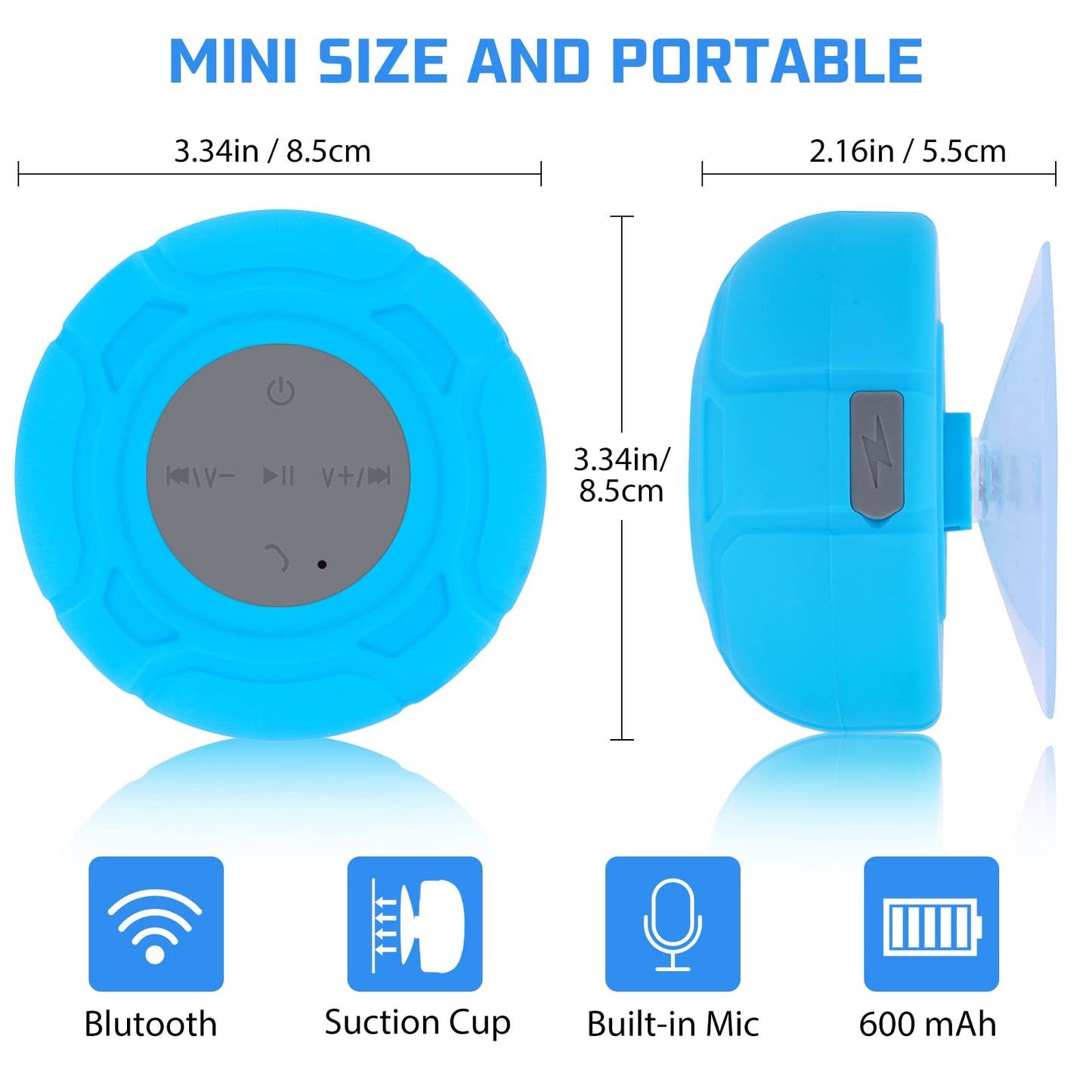 Annlend Waterproof Bluetooth Shower Speaker Portable Wireless Water-Resistant Speaker Suction Cup,Built-in Mic Gifts for Kids Speakerphone for iPhone Phone Tablet Bathroom Kitchen - Blue