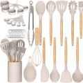 Umite Chef - Juego de utensilios de cocina de silicona antiadherentes, 33 piezas, espátula con soporte, mango de madera, juego de utensilios de cocina de silicona (caqui)