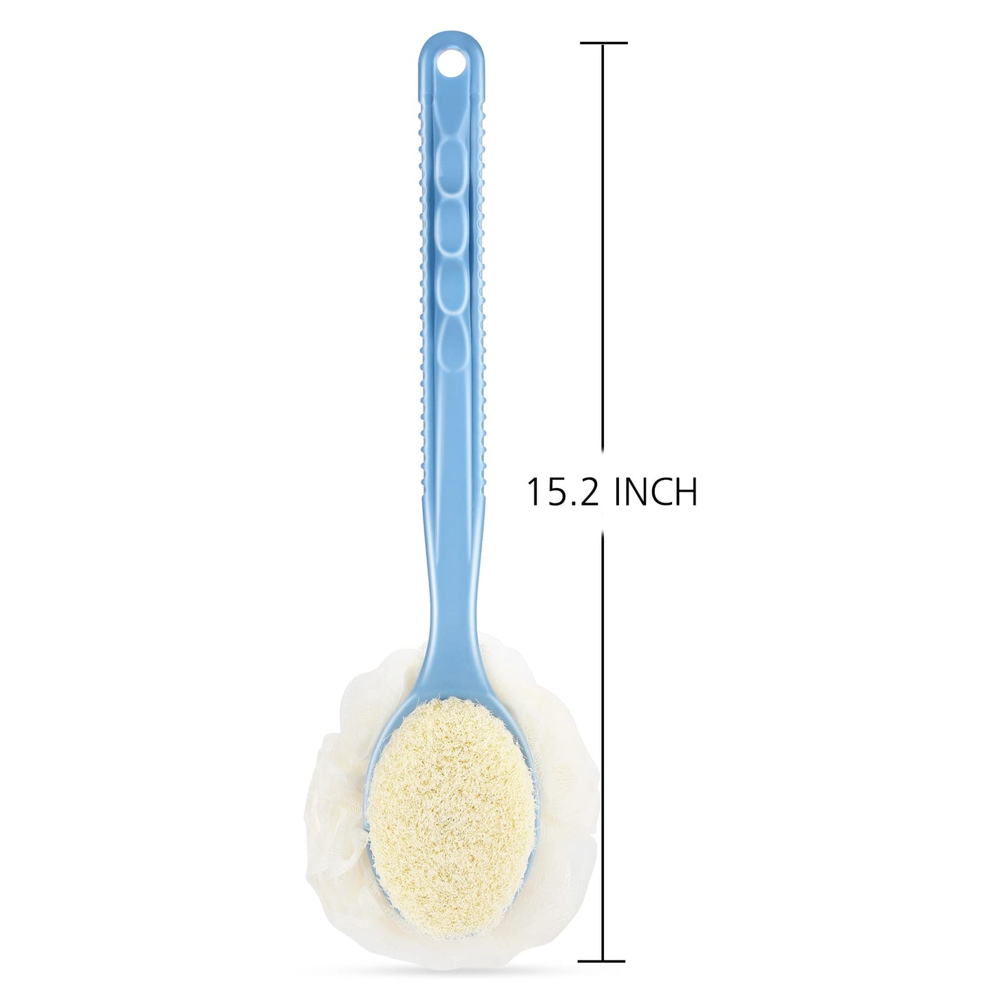 Shower Body Brush with Bristles and Loofah,Back Scrubber Bath Mesh Sponge with Curved Long Handle for Skin Exfoliating Bath, Massage Bristles Suitable for Wet or Dry, Men and Women (Blue)