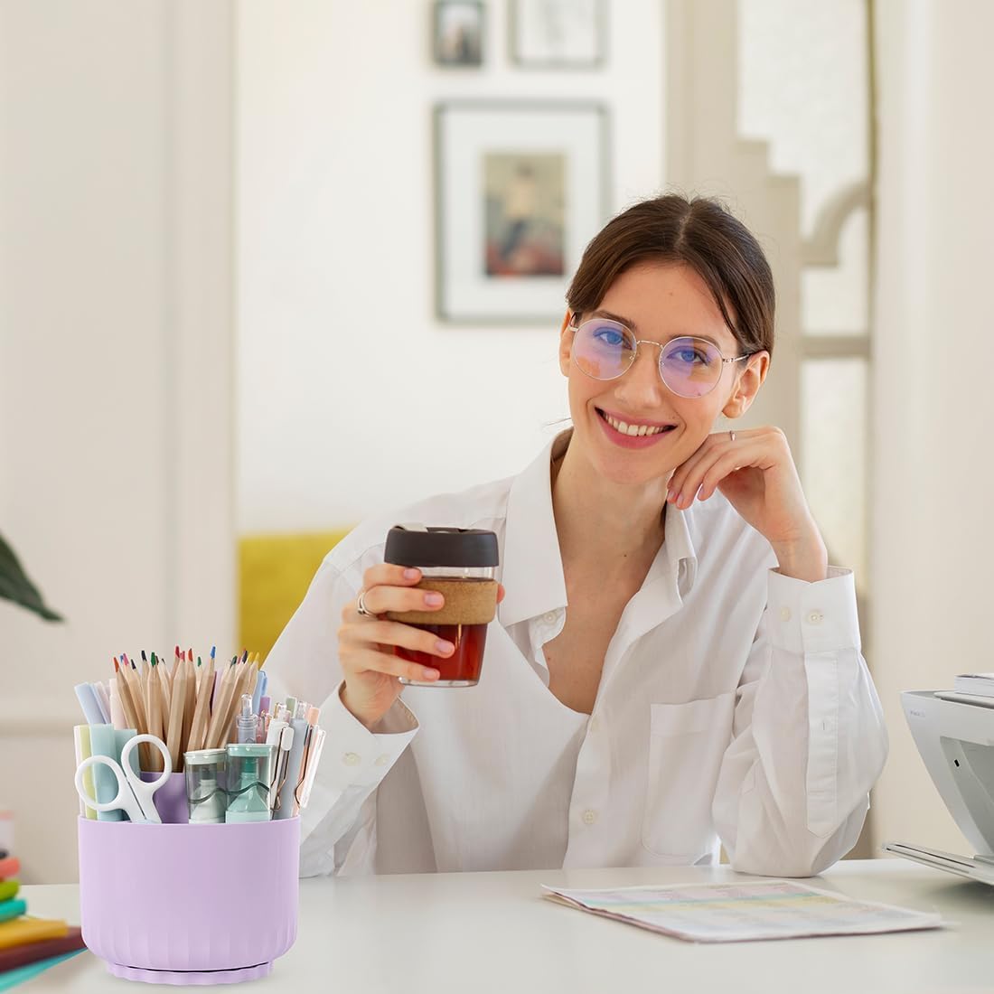 Organizador de escritorio giratorio de 360 ​​grados SKYDUE, portalápices de doble propósito para escritorio, organizador de escritorio giratorio con 5 ranuras, color morado