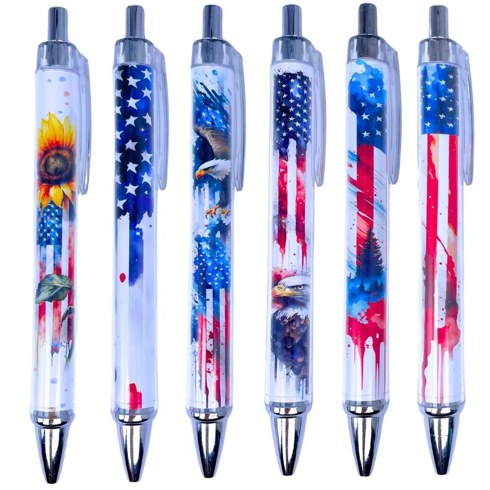 YJ PREMIUMS Lot de 6 stylos à drapeau américain avec aigle et encre noire et blanche à rayures pour la 4e Journée des anciens combattants militaires à thème américain, cadeaux pour employés, souvenirs, articles de fantaisie