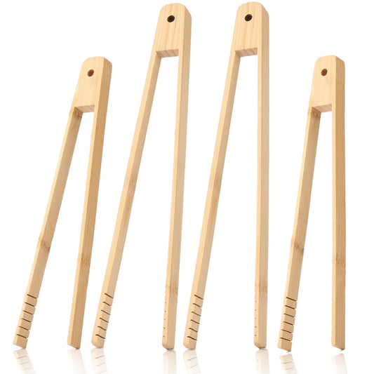 Juego de 4 pinzas de bambú: pinzas de madera para cocinar, pinzas de cocina largas de 11,8 pulgadas y pinzas para tostadora de 9,8 pulgadas, pinzas de bambú para ensalada de cocina, tocino, encurtidos, pasta, parrilla, tostadas, pan, frutas. SIN BPA