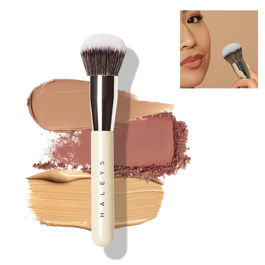 HALEYS Kabuki Makeup Brush VEGAN+CRUELTY-FREE, Sustainable Wood, Vegan Bristles for Airbrushed Finish, For Creams, Liquids, Powder, Streak-free, Perfect Blending, Buffs, Blurs, Smooths with Control